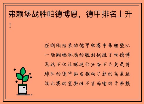 弗赖堡战胜帕德博恩，德甲排名上升！