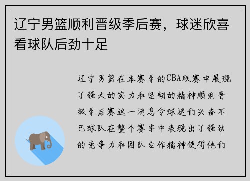 辽宁男篮顺利晋级季后赛，球迷欣喜看球队后劲十足